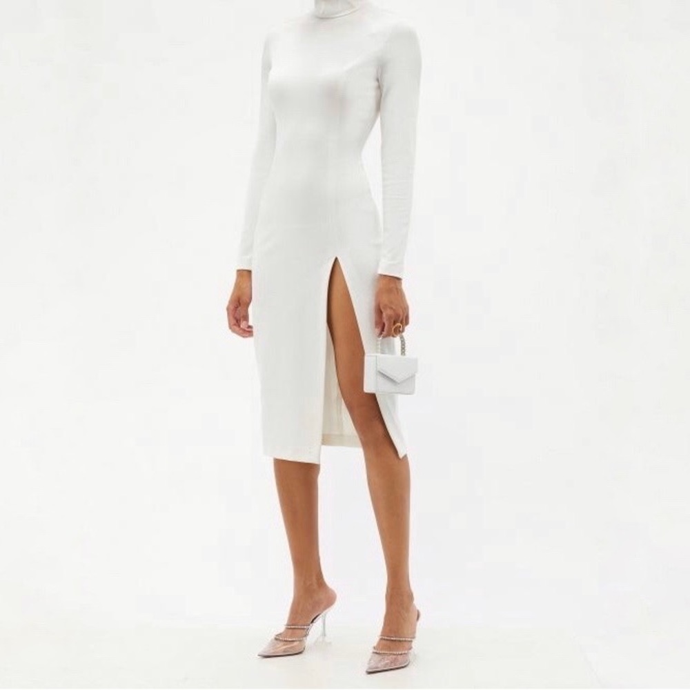 Wolford X Amina Muaddi Midi Turtleneck Slit Jersey Dress in White, size small